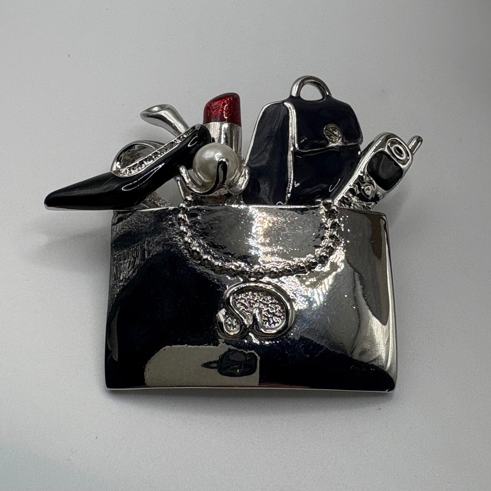 VTG St John shopping bag Brooch/Pin purse lipstick shoe Silvertone Enamel 2.5x2"